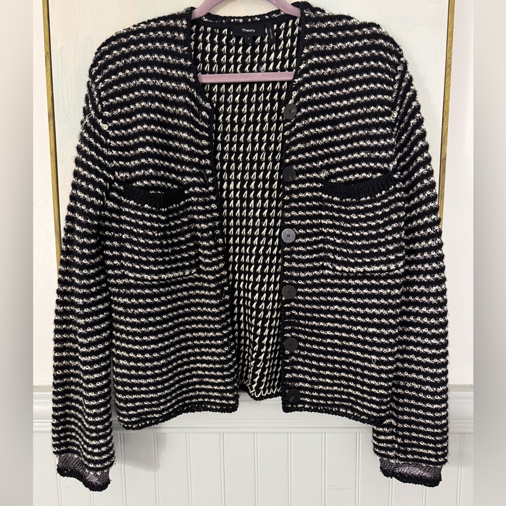THEORY Striped Cardigan in Black & White Polyester Size S